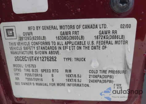 2000 Chevrolet Silverado 1500 Ls из США, поврежденный, VIN 2GCEC19T4Y1276262